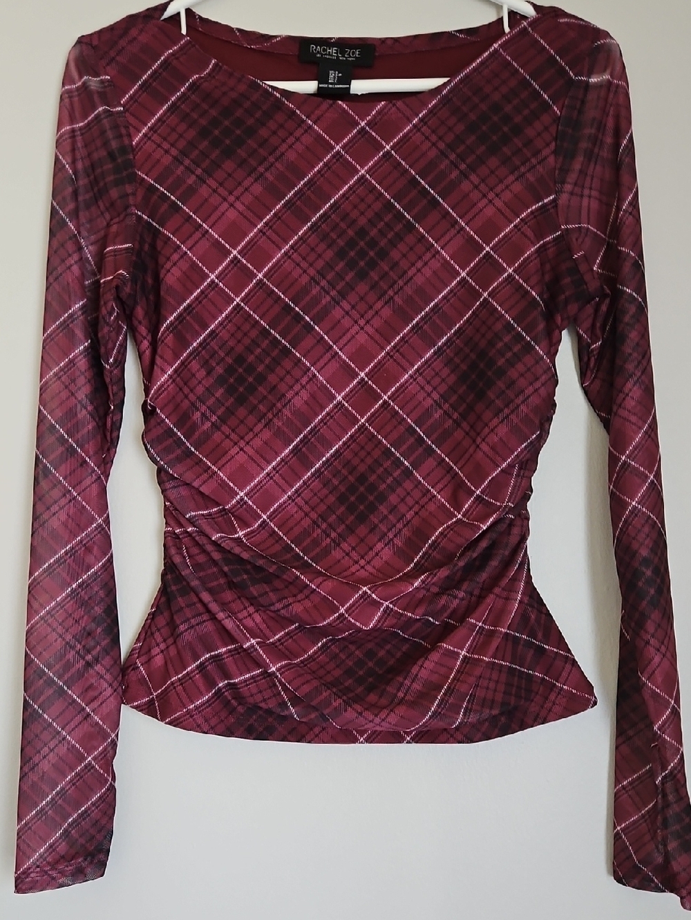 Rachel Zoe Burgundy Plaid Mesh Ruched Long-Sleeve Tee